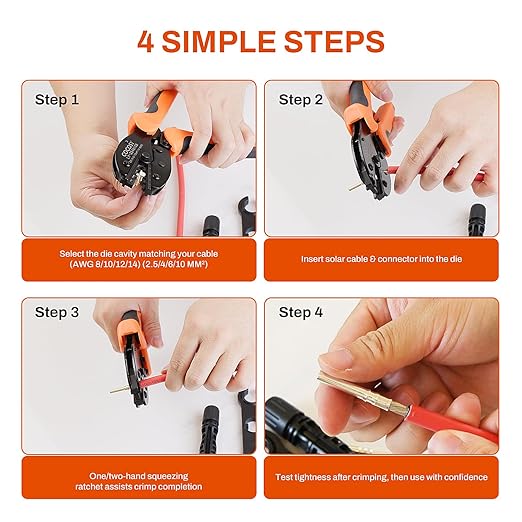 Solar Crimper Tool Kit for AWG8-12 Cable -23 PCS Solar Panel Connectors Kit with Ratcheting Crimping Tool Pliers, 12 Pairs of AWG8-14 Solar Connectors, 2 Wrenches, Bag