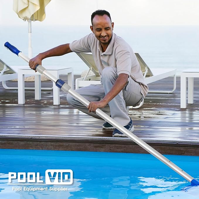 Poolvio 12 FT Telescopic Swimming Pool Pole - Adjustable 2 Piece Aluminum Pool Pole for Pool Cleaning Skimmer Nets Vacuum Heads & Brushes, Strong Grip & Lock