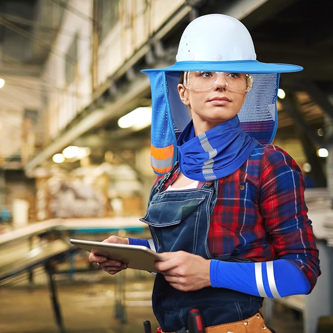 SATINIOR 3 Pcs Sun Hard Hat Neck Protection High Visibility Full Brim Mesh Sun Protection Bandana Headband Arm Sleeves with Reflective Strap for Construction Helmet Hard Hat(Blue)