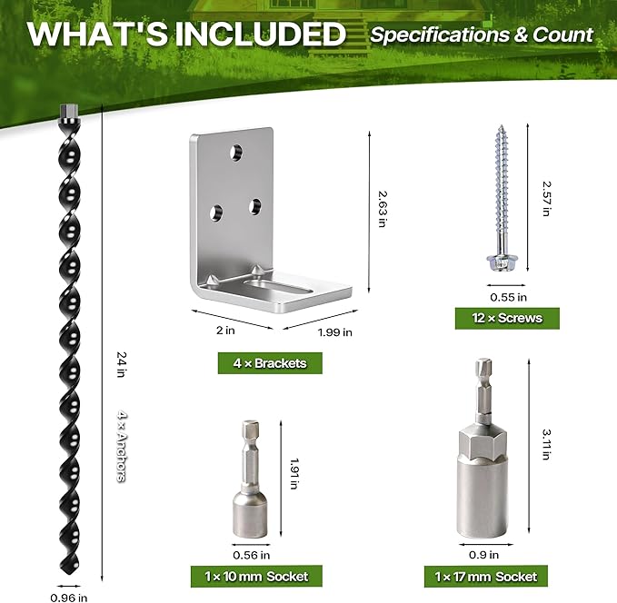 24" Ground Anchors Screw in, 4PCS Heavy Duty Mobile Home Anchors, Multi-Purpose Earth Anchors with Brackets and Adapter for Drill, Ideal for Mobile Homes, Storage Sheds and Carports (Sliver)