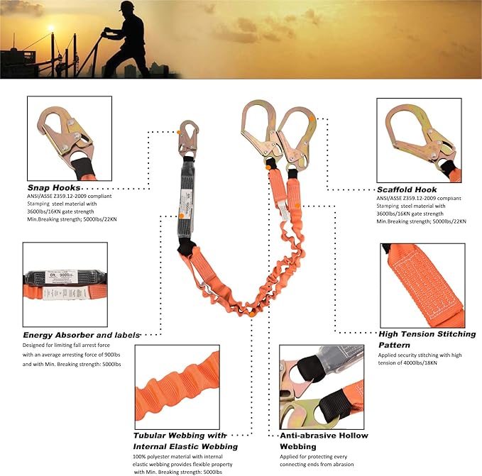 3D-Rings Industrial Fall Protection Safety Harness Kit With Double Leg 6-Foot Shock Absorber Stretch Lanyard ANSI Compliant Personal Fall Arrest System(PFAS)