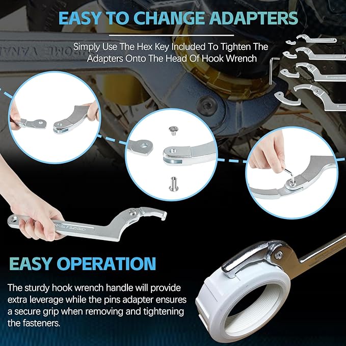 Sunluway Adjustable Pin Spanner Wrench Tool Set, 9 Pack C Spanner Nut Wrench Tools with Changeable Heads, Coilover Hook Wrenches for Suspension System Collar, Nut Adjustment, 3/4" to 6-7/10"