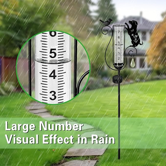 Rain Gauge Outdoor with Large Number Scale,Solar Powered Decorative Dog and Bird Garden Stake for Outside,Yard, Lawn, Pathway