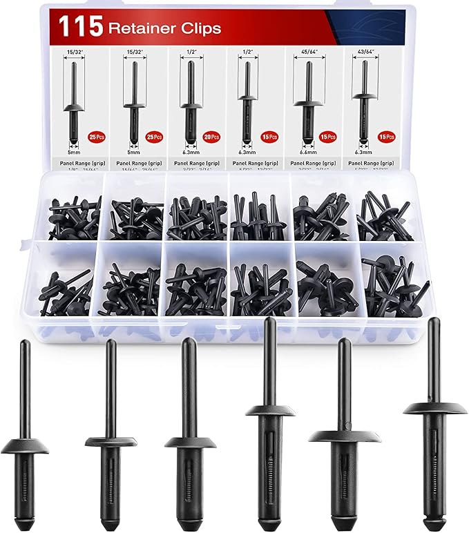 Nilight 115Pcs 6 Sizes Universal Pop Rivet Assortment Rivet Clip Black Nylon Blind Rivets Compatible with GM Ford Chrysler VW 2 Years Warranty