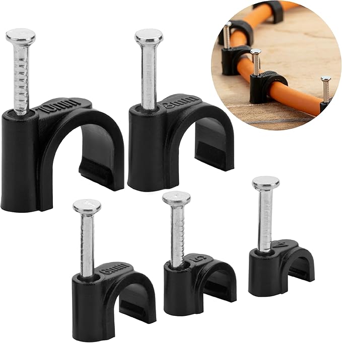 Bates- Cable Clips with Steel Nails, 360 pcs, Black, 4mm 5mm 6mm 8mm 10mm, Cord Clips for Wires on Wall, Cable Wall Clip, Wire Wall Clips, Cable Wire Clips, Coaxial Cable Clips, Cord Wall Clip