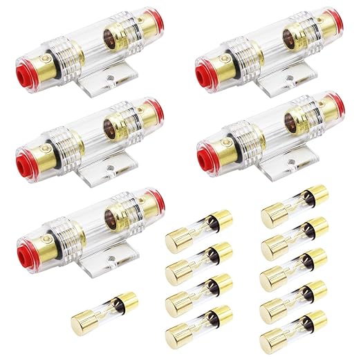 in-line AGU Fuse Holder for 4-10 Gauge AWG Wire / 6 Gauge & 8 Gauge/with Ten 60A AGU Fuses for Car Audio/Alarm/Amplifier/Compressors/Auto Parts/Automotive/Marine/Industrial (60Amp, 5 Pack)