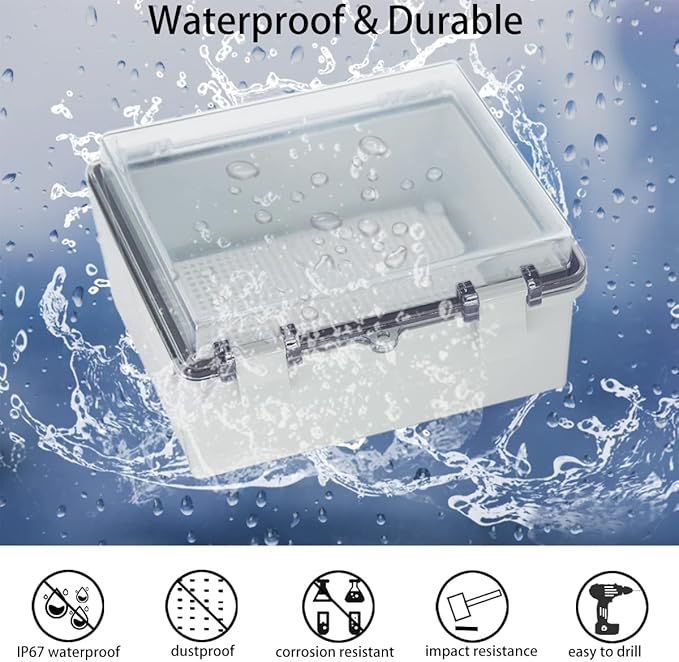 Junction Box, Hinged Clear Cover IP67 Waterproof ABS Project Box with 2 NPT 1/2" Cable Gland, Electrical Box Enclosure with Mounting Plate & Wall Bracket 8.7 x 6.7 x 4.3inch(220x170x110mm)