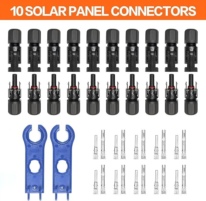 Solar Crimping Tool Kit for Panel Connectors - a Crimper, 10 Pairs of Solar Wire Connectors, 2 Pairs of Spanner Wrench for Solar Cable