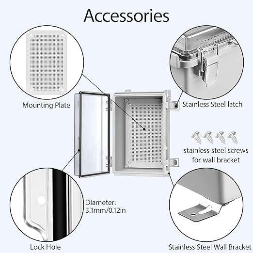 LeMotech Electrical Box, IP67 Waterproof Hinged Clear Cover Stainless Steel Latch Junction Box, ABS Plastic Electrical Enclosure with Mounting Plate,Wall Brackets, Cable Glands,11.4"x7.5"x5.5",Grey