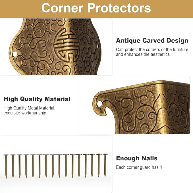 4 Pcs Baseboard Corner Protectors,Vintage Metal Skirting Board Corner Protectors for File Boxes,Bookshelves,Wooden Cases,Jewel Cases Decorative (Bronze)