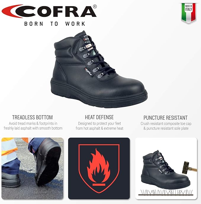 COFRA Leather Work Boots - NEW ASPHALT Treadless Footwear with Composite Safety Toe & Heat Defender Nitrile Rubber Outsole - Size 9.5