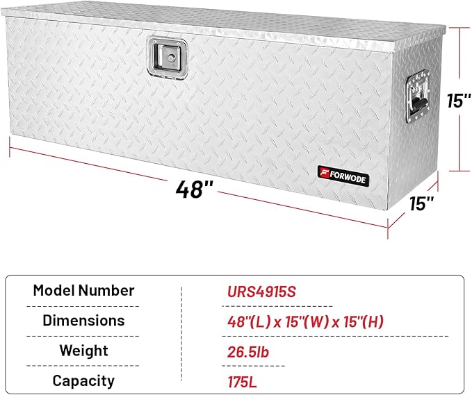FORWODE 48 Inch Aluminum Truck Tool Box Lockable Truck Bed Tool Box Waterproof Truck Bed Storage Box with Gas Struts & Side Handle Truck Tool Chest for Pickup, Truck Bed, RV, Trailer & Garage (Silver)