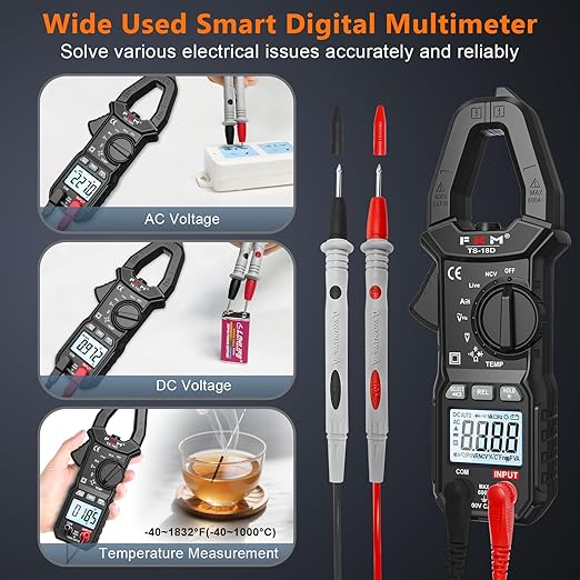 FKM AC/DC 600 Amp Clamp Meter Multimeter Tester TRMS 6000 Counts Auto-ranging Smart Digital Voltage Tester,for AC/DC Current/Voltage,NCV Detection,Capacitance,Resistance,Ohm,Continuity,Diode,Hz,Temp