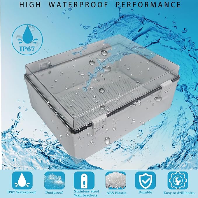 Waterproof Outdoor Electrical Box Junction Box Weatherproof IP67 ABS Plastic Enclosure Switch Router Project Box with Mounting Plate with Wall Bracket 2 Cable Glands Clear 15.74" x 11.81" x 6.7"