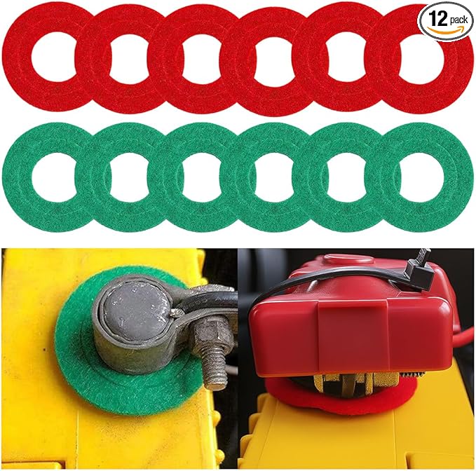 Car Battery Terminal Washer Pad, 12PCS Anti Corrosion Vehicle Battery Top & Side Terminal Protector, Automotive Fiber Shim Cleaning Accessories, Universal for SUV Sedan Truck (Red/Green)