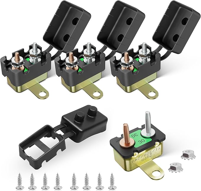 RED WOLF (30A 4PCS) DC 6V-50V Automatic Reset Circuit Breaker #10-32 Studs with Metal Fuse Housing Pre-Trimmed Cover Reusable for Trolling Motor Marine ATV Boat RV Automotive Battery Solar System