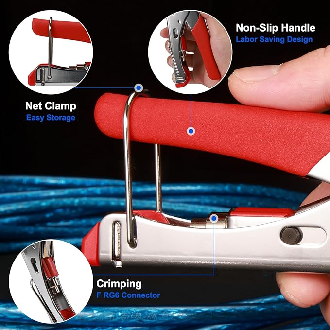 Coax Cable Crimper Kit Coaxial Cable Rg6 Compression Tool Kit with 20PCS F RG6 Connectors, Wire Coax Cable Stripper Tool