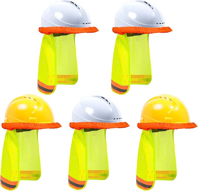 TCCFCCT Hard Hat Sun Shade, High Visibility Neck Shield with Secure-Fit Fastener, Mesh Neck Sun Shade Protector with Reflective Strip, Construction Helmets Use, Hard Hat Not Included, Yellow, 5 Packs