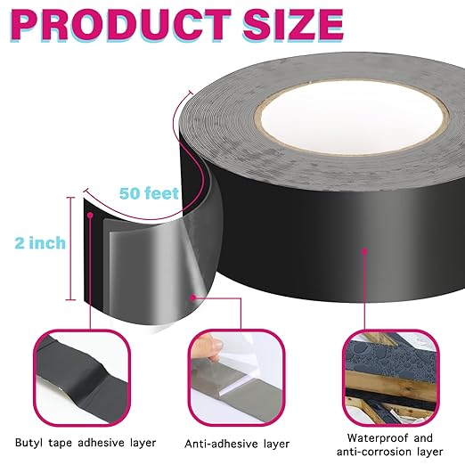 GEYYANG Deck Joist Tape 2 inch x 50 Feet,8 Rolls Butyl Joist Tape for Decking,Waterproof Seal Antiseptic Butyl Deck Tape, Self-Adhesive Deck Flashing Tape for Wood Decks Beams Roof, Black