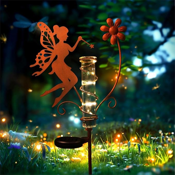 HONGLAND Rain Gauge Outdoor with Solar Lights - Metal Fairy Stakes & Replaceable Glass Tube - Garden Rain Gauge Decorations for Patio, Balcony, Yard, Lawn - Unique Holiday Gift Ideas