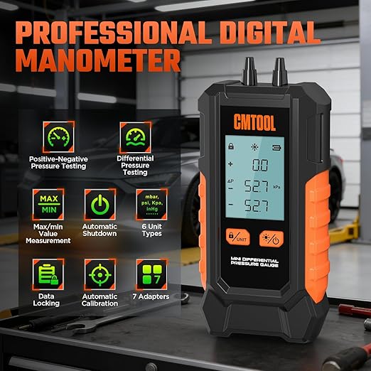 Manometer Gas Pressure Tester, Digital Manometer, -100-200Kpa, 6 Units Differential Pressure Gauge, Max/Min/Data Storage, 2-Port Tester for HVAC/Automotive Brake/Industrial/Lab Calibration (Mini)