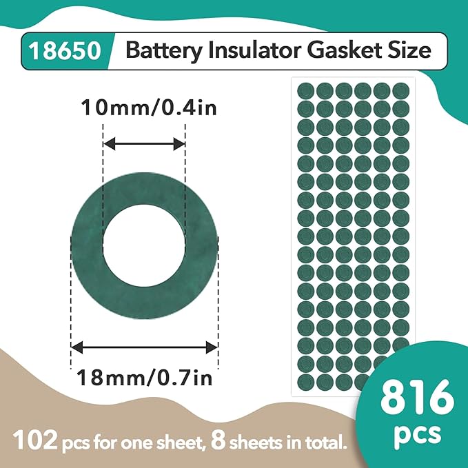 816Pcs 18650 Lithium Battery Insulator Rings - Hollow Paper Pad Electrical Insulation Ring, Green Self-Adhesive Insulator Ring for 18650 Cells(Highland Barley Paper)