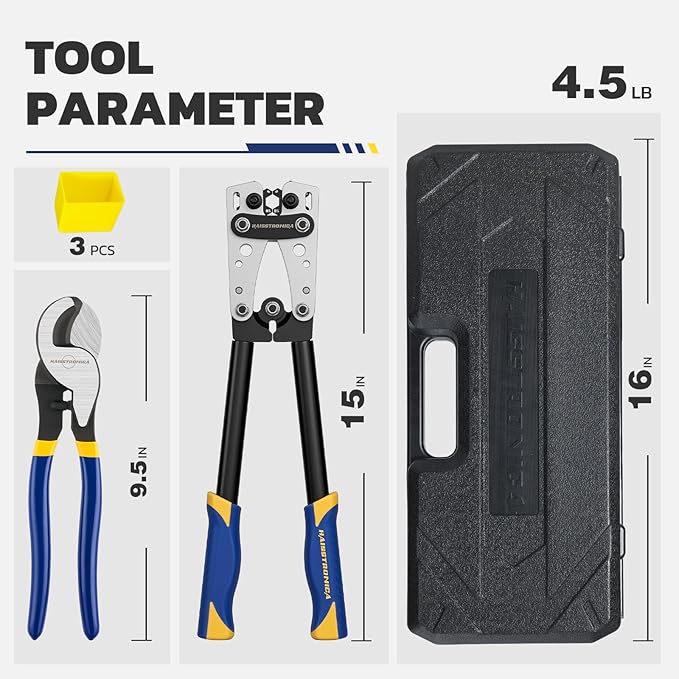 haisstronica Heavy Duty Battery Cable Crimping Tool Kit-Ratchet Hex Extended Handle Crimper for 8,6,4,2,1,1/0 AWG Copper Lugs with Blow Molded Box,Cable Cutter, 48PCS Copper Lugs&Heat Shrink Tubing