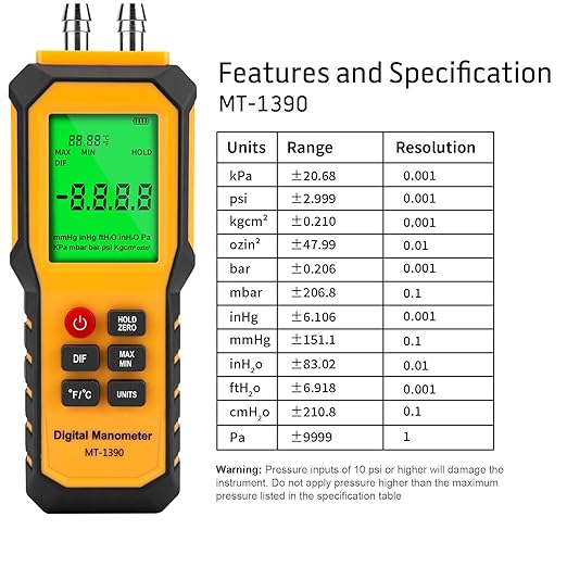 5/16 Inches Diameter Pressure Port Digital Manometer, YZT Meter Dual Port Air Pressure Meter Pressure Gauge HVAC Gas Tester, Differential Pressure Manometer