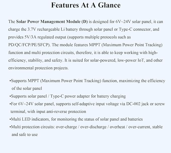MPPT Solar Energy/Solar Power Manager Module for 6V~24V Solar Panel, Support Recharged from Solar Panel or USB Type-C Power Adapter, 5V/3A Output, Compatible with Raspberry Pi (with Battery Holder)