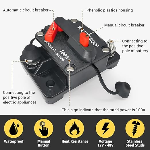 100Amp Circuit Breaker DC 12V-48V for Marine Boat Trolling Motor Automotive RV Trailer Car Solar System Battery Disconnect with Manual Reset Switch, IP67 Waterproof (Pack of 2)
