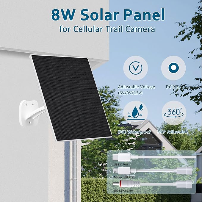 Zivif 8W Solar Panel for Security Cameras, Solar Panel Charger Camera with USB-C Cable, DC 5.5x2.1mm & Micro USB Port, IP66 Waterproof with Adjustable Mount, 7.2FT Cable