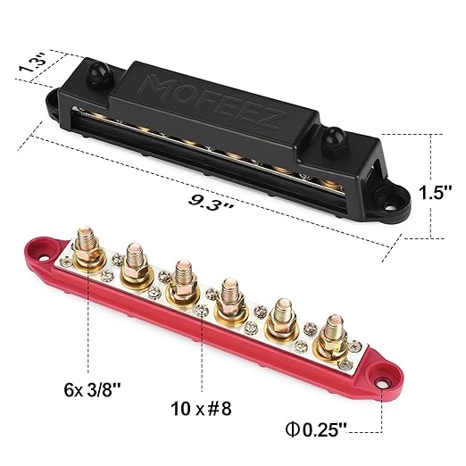 MOFEEZ Power Distribution Block Bus Bar, 6 x 3/8" Posts, 10 x #8 Screws Terminals, Max 48V 250A (Pair, Red & Black)
