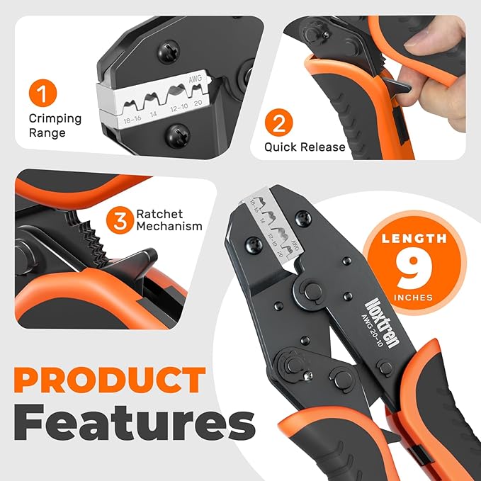 Crimping Tool for Non-Insulated Open Barrel Terminals Receptacles - AWG 20-10 Ratcheting Wire Crimper Tool - Ratchet Wire Terminal Crimping Pliers - Wire Crimping Tool for Molex