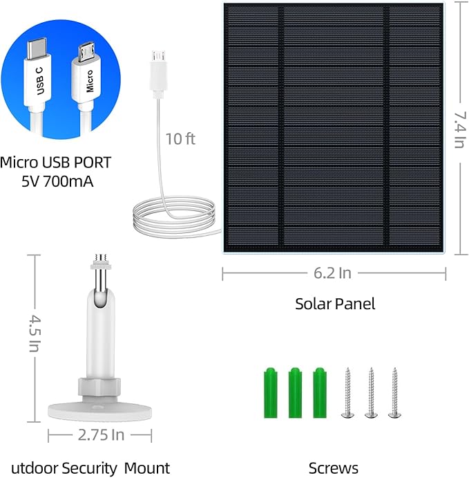 5W Solar Panel for Security Camera, Solar Panel with Micro USB & USB-C Port for DC 5V Outdoor Rechargeable Battery Camera, IP65 Waterproof, 360° Adjustable Security Mount, 9.8ft Cable(White 3PC)