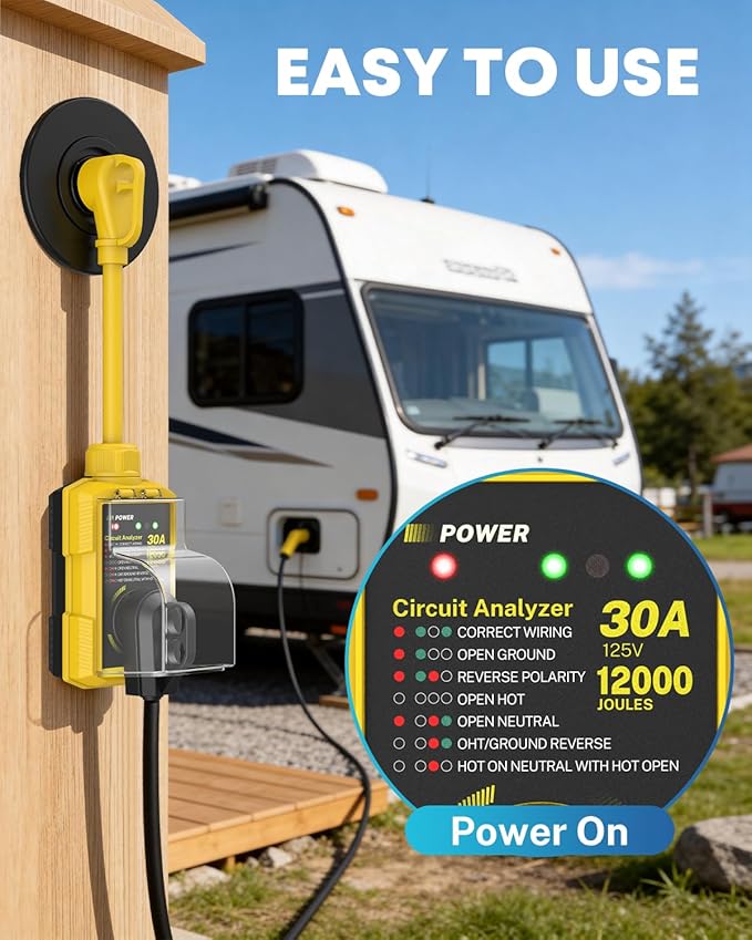 Kohree RV Surge Protector 30 Amp, Power Surge Voltage Protection Waterproof, Circuit Analyzer RV Adapter Plug for Travel Trailers Camper Outdoor, 30A 12000J-Yellow
