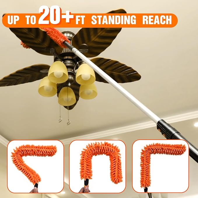20FT Reach Ceiling Fan Cleaner Duster, Fan Blade Cleaner Kit with 3-12FT Extension Pole, Microfiber Duster & Replaceable Cleaning Cloth for Blades, Ceiling, Furniture