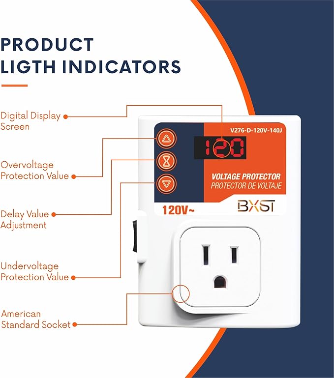 BXST Refrigerator Surge Protector LED Screen 140J Single Outlet Adjustable Low/High Voltage Protection Overload Power Surge Voltage Spike Guard for Home and Office Appliance 120V 15A 1800Watts
