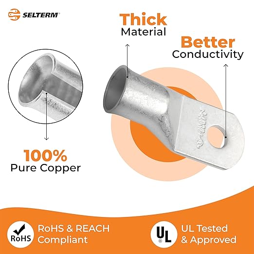 SELTERM 5pcs 4/0 AWG (XL) 3/8" Stud Tinned Copper Wire Lugs, Battery Lugs,Ring Terminals, Battery Cable Ends, 0000 Gauge Ring Terminal Connectors,UL Marine Grade Electrical Battery Terminal Connectors