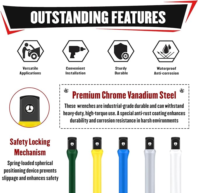 YIYITOOLS 5Pcs 1/2" Drive Torque Limiting Extension Bar Set, 8" Long Torque Sticks (65-140 Ft-lbs), Impact Socket Extensions with Storage Case, Color-Coded, for Lug Nuts, Tire Repair