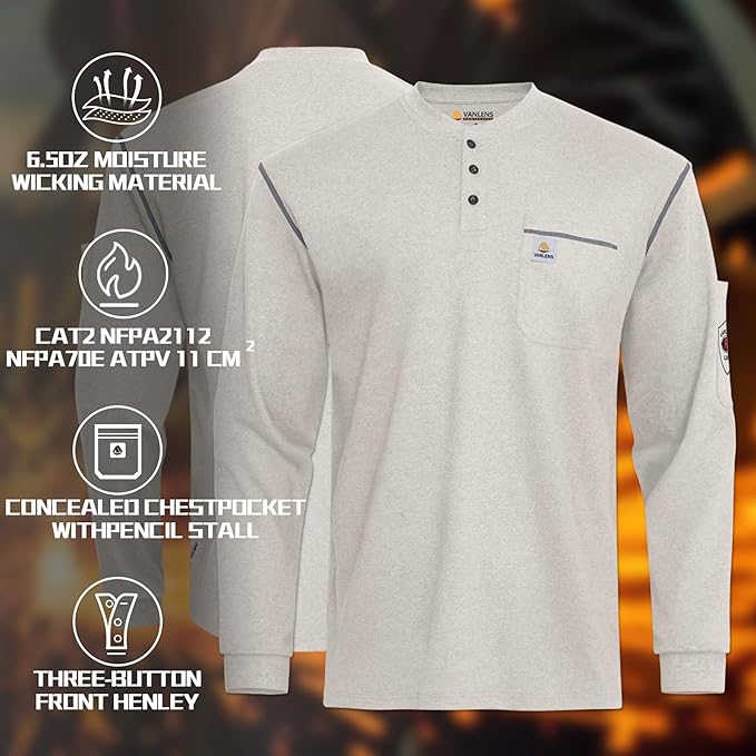 FR Shirts for Men CAT2/HRC2 Flame Resistant Shirts 6.5oz Light Weight Long Sleeve Fire Retardant Shirts