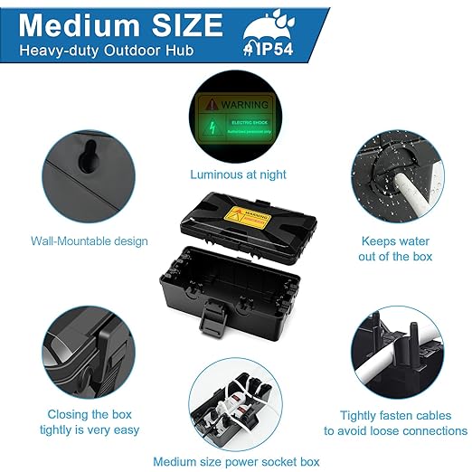 NineLeaf Outdoor Waterproof Electrical Box,IP54 Weatherproof Extension Cord Cover, Protect Outlet, Plug, Socket, Timer, Power Strip, Holiday Light Decoration,10.3x5.9x3.7inch,Black