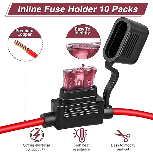 10 Pack Inline Fuse Holder 12V, Professional 12 AWG Waterproof Fuse Holder with 35 Pcs (5A/7.5A/10A/15A/20A/30A/40A) Standard Car Fuses, Giwiemi in Line Fuses Holders 12v for Marine Auto and Circuits