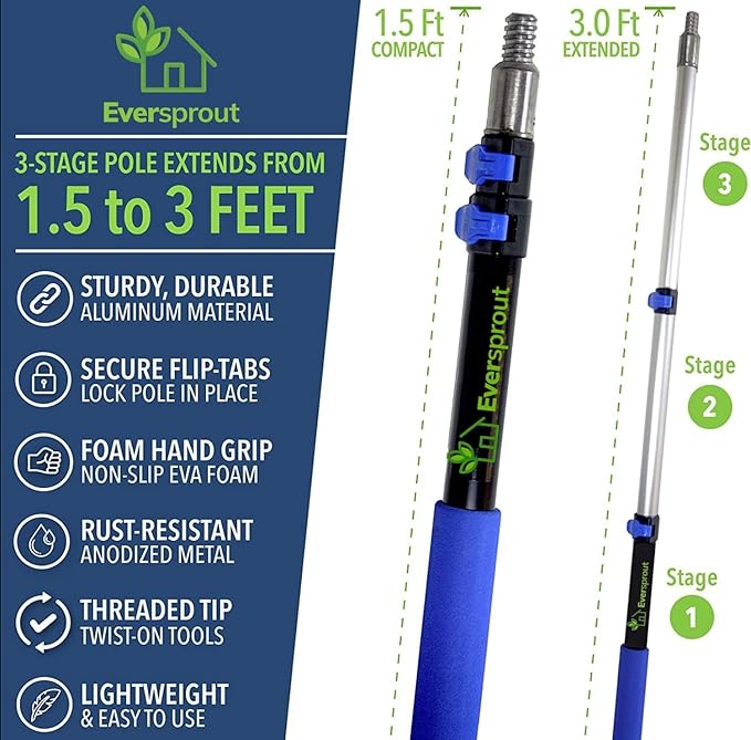 EVERSPROUT 1.5-to-3 Foot Scrub Brush | Built-in Rubber Bumper | Lightweight Extension Pole Handle | Soft Bristles wash Car, RV, Boat, Solar Panel, Deck | Shower Brush for Cleaning | Floor Brush