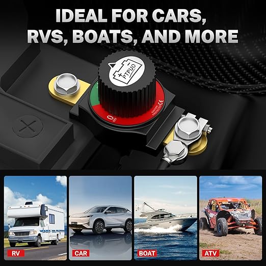 Side Post Battery Disconnect Switch 12V–48V, Nylon 66 & Brass, Flame-Retardant, Corrosion-Resistant, Battery Cut Shut Off Kill Switch for Car Trucks RVs Marine and Camp Trailers