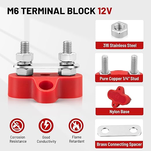 RED WOLF 12V 100A Power Distribution Block 1/4" Dual Stud Busbar M6 Terminal Bus Bar 12 Volt DC Battery Junction Post for Auto Boat Marine Solar System Positive and Negative (2PC)