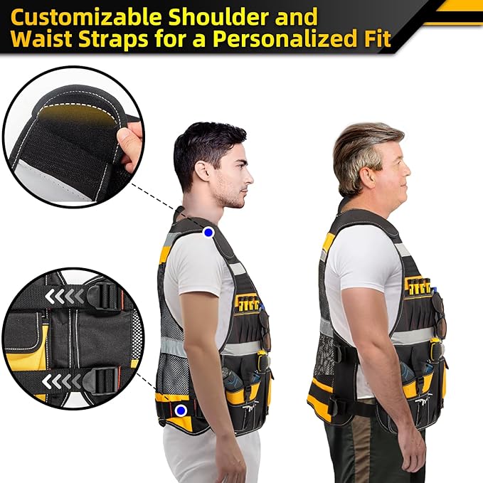 Electrician Tool Vest, Electrician Vest for Men, 21 Compartments, Reflective Workwear with Drill Holster, Adjustable Waist & Upgraded Comfortable Neck Opening