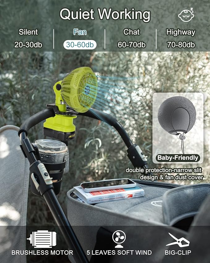 Taingwei Portable Clip Fan for Ryobi 18V Battery, 6.5inch Battery Powered Operated Fan for Stroller,Bedroom,Camping,Outdoorand Job Site(Battery not Included)