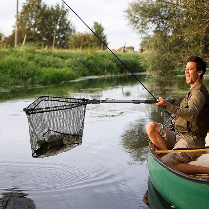 PLUSINNO Fishing Net Fish Floating Landing Net, Kayak Nets with Fixed Foldable Telescopic Pole Handle, Bass Trout Fishing Nets with Nylon Mesh for Pond Lake River, Fishing Gear Gifts for Men Anglers