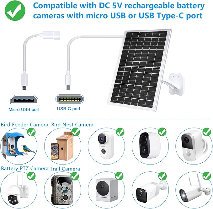 Zivif 13W Solar Panel for Outdoor Security Cameras, USB-C, Micro USB & 5.5x2.1mm DC Output, 360° Adjustable Mount, IP66 Waterproof, 7.2FT Cable, Compatible with Battery-Powered Cameras