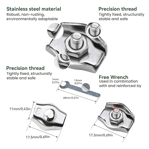 20Pcs M3 Stainless Steel Single Wire Rope Clips, Simplex Bolt Cable Clamp for 1/16in-1/8in Diameter Wire Cable for Picture Hanging Christams String Light, Free Wrench
